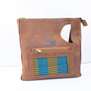 leather handbag with woven accent